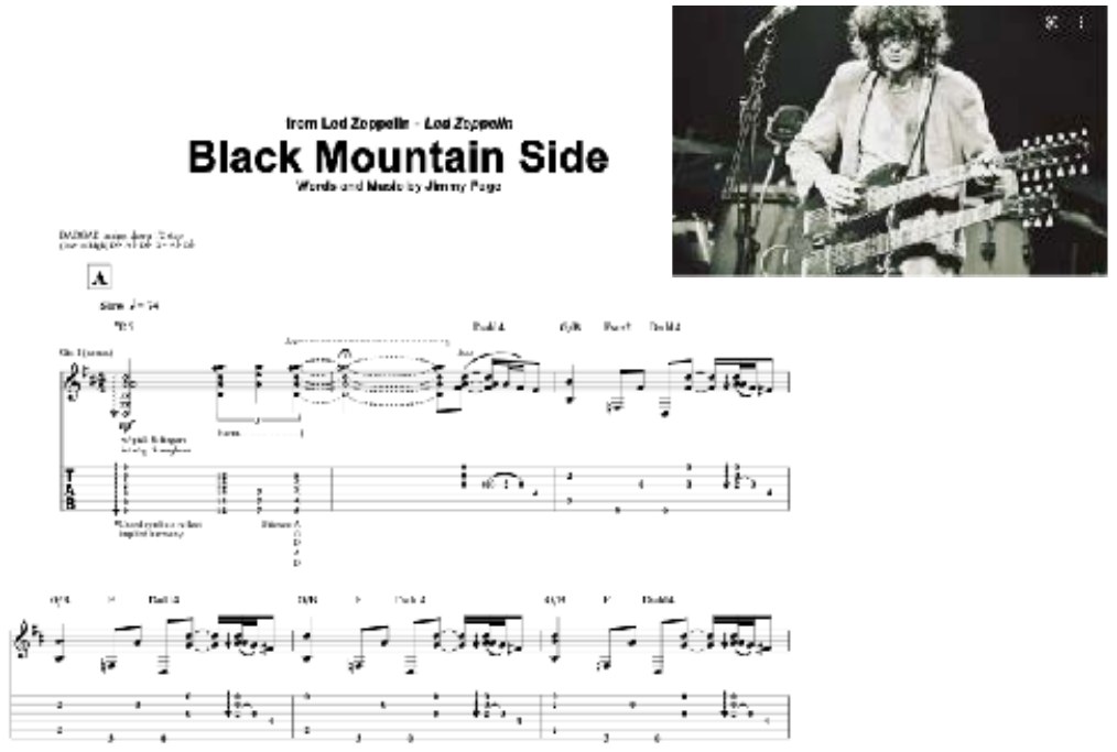 Transcrição para guitarra de Black Mountain Side, em partitura e tablatura