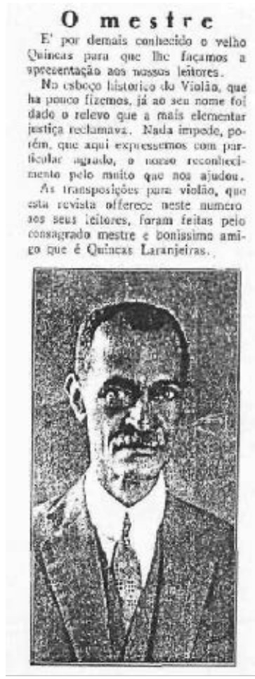 Recorte da revista O Violão: nota “O mestre” e retrato de Quincas Laranjeiras