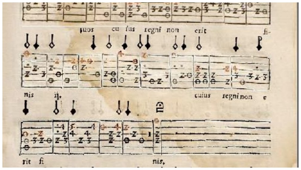 Tablatura de vihuela de Diego Pisador com as notas da melodia em vermelho