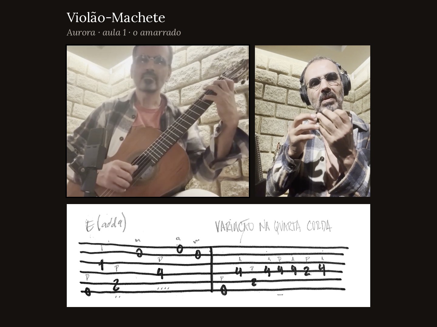 Violão-Machete, Aurora, aula 1, o amarrado: Chico Saraiva com o violão, Chico explicando com as mãos, e a tablatura manuscrita da variação na quarta corda